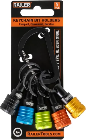 Railer Bit Holder Keychain 5pc - 1/4 inch Hex Shank Bit Holders - Quick-change Design For Nut Driver, Screwdriver & Drill Bits, Include Keychain Carabiner (Multi-Color)