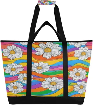 Rainbow Curve Daisy Reusable Insulated Lunchbox Cooler Bag, Leakproof Kitchen Grocery Bag Collapsible Portable Cooler Tote Bag for Picnic, Camping, Office, Travel