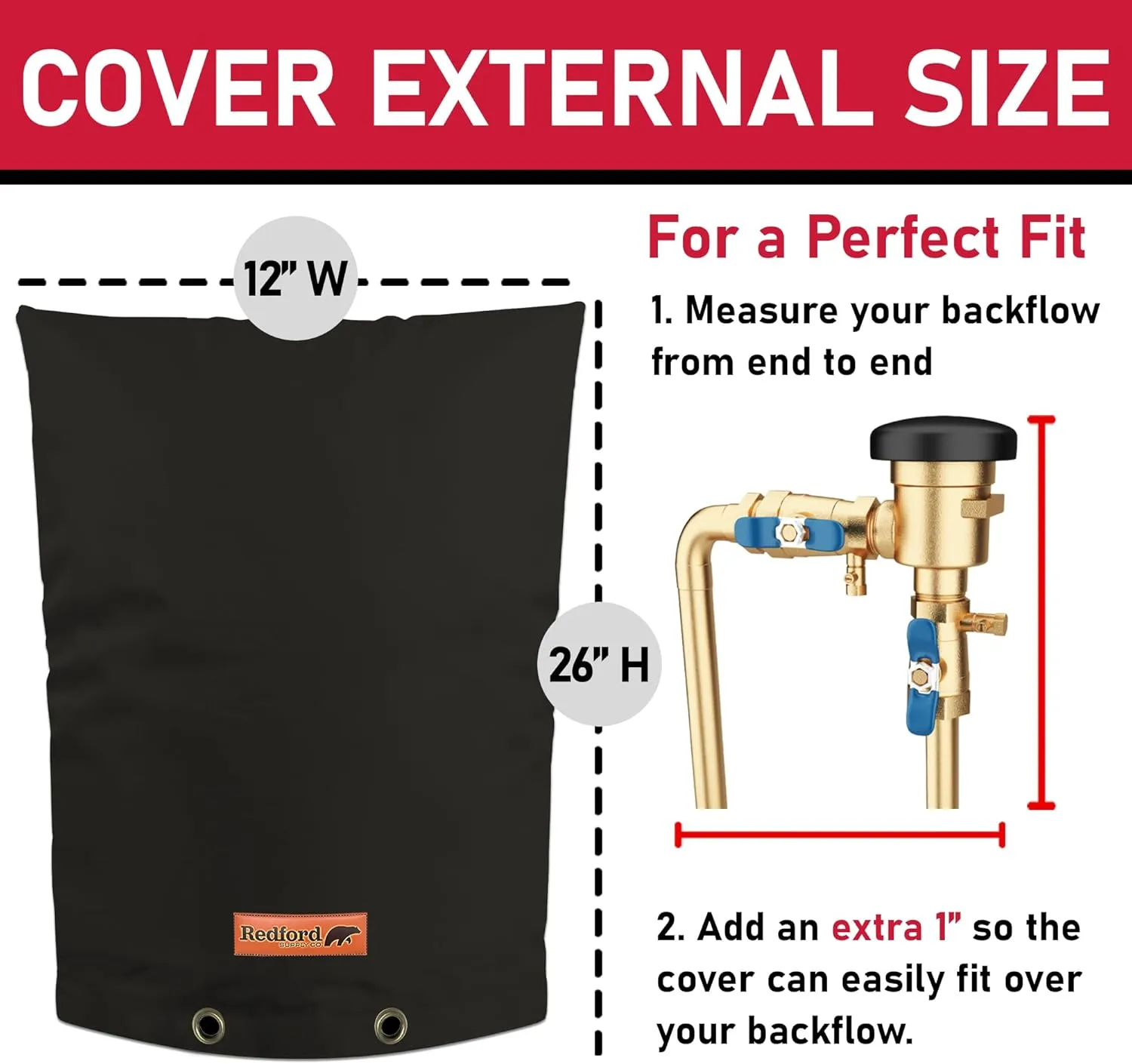Redford Supply Co. Cold Snap (5°F) Backflow Preventer Insulation Cover, 12" W x 26" H, Pipe Insulation, Water Sprinkler Covers for Outside, Sprinkler Backflow Cover for Winter, Well Pump Bag (Black)
