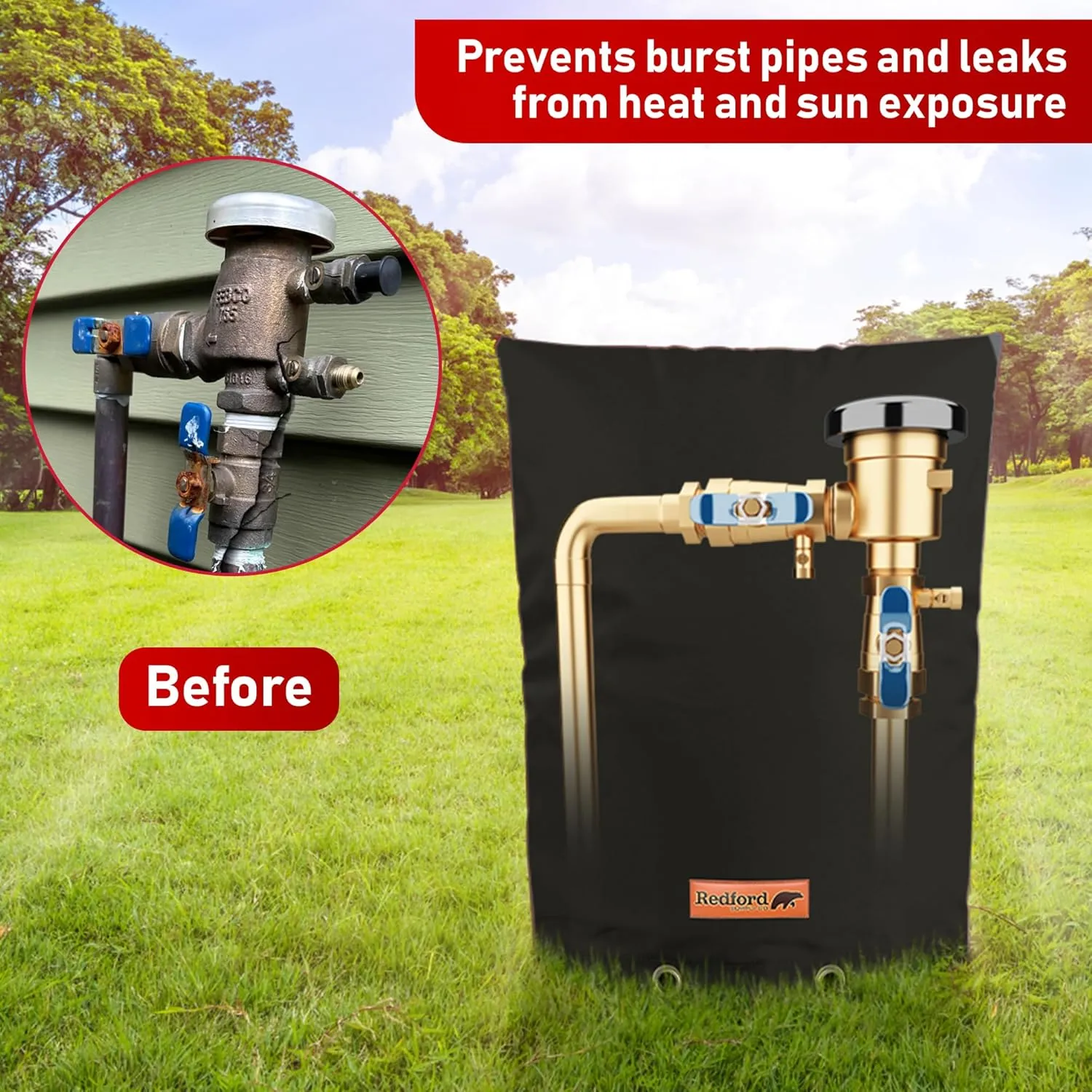 Redford Supply Co. Cold Snap (5°F) Backflow Preventer Insulation Cover, 12" W x 26" H, Pipe Insulation, Water Sprinkler Covers for Outside, Sprinkler Backflow Cover for Winter, Well Pump Bag (Black)