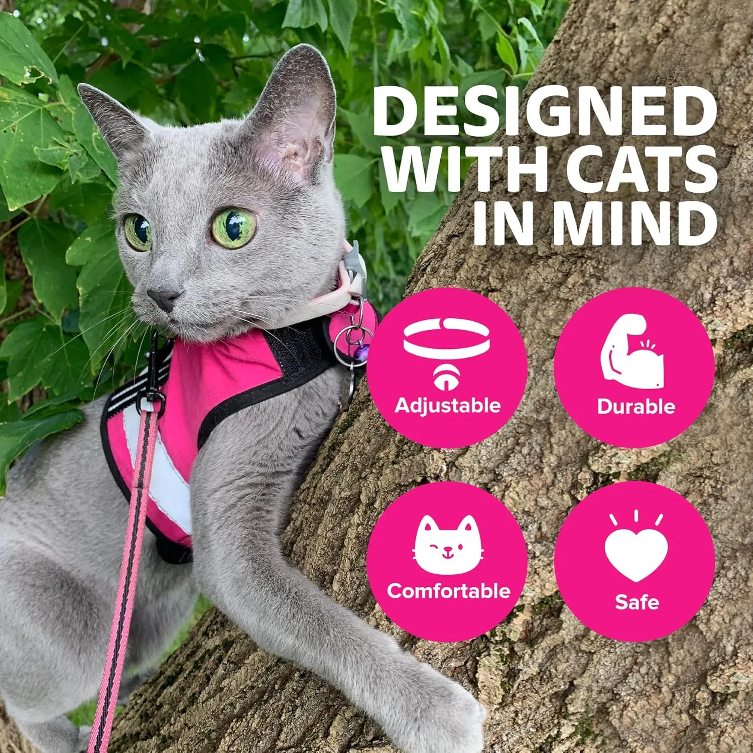 Reflective Cat Harness - High-Visibility Cat Vest for Day & Night | Secure, Breathable and Washable Cotton | Ideal for Walking & Traveling - Flamingo Pink, M to L