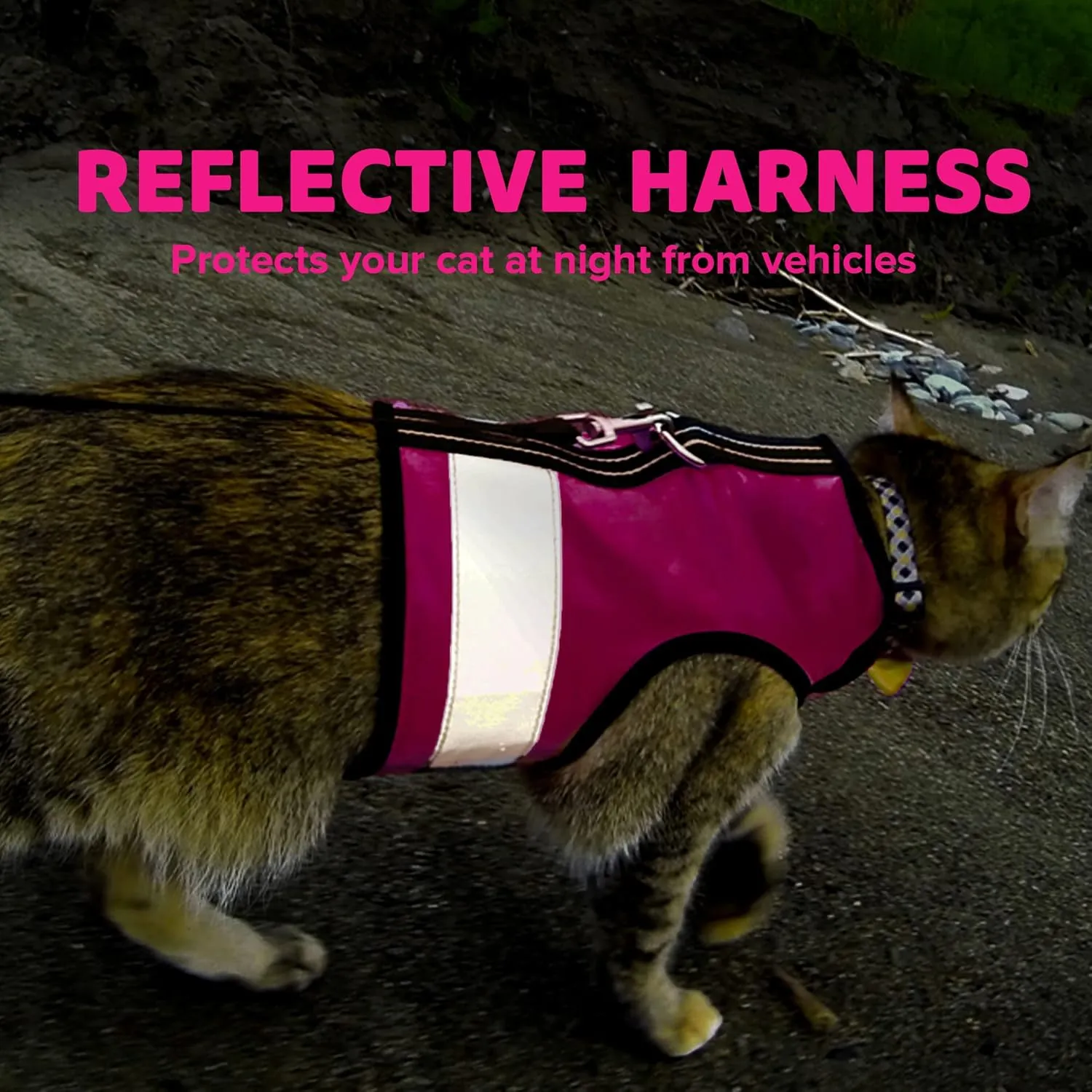 Reflective Cat Harness - High-Visibility Cat Vest for Day & Night | Secure, Breathable and Washable Cotton | Ideal for Walking & Traveling - Flamingo Pink, M to L