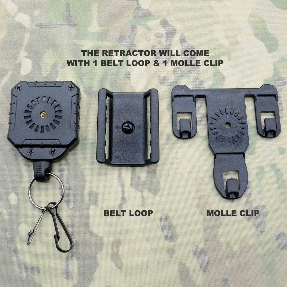 ROCOTACTICAL Military Tactical Gear Retractor, Molle Tactical Gear Tether, Retractable key/multi-tools Holder belt loop and Molle Clip Included, 1Piece (TAN)