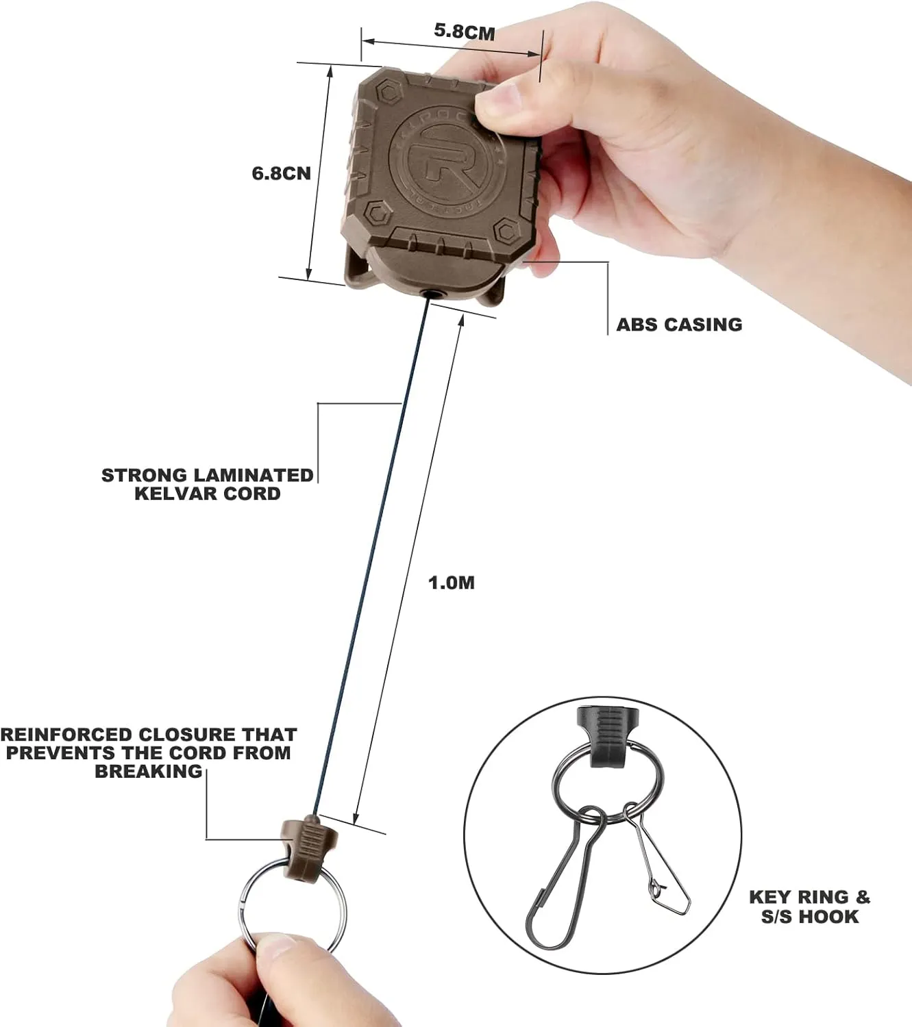 ROCOTACTICAL Military Tactical Gear Retractor, Molle Tactical Gear Tether, Retractable key/multi-tools Holder belt loop and Molle Clip Included, 1Piece (TAN)
