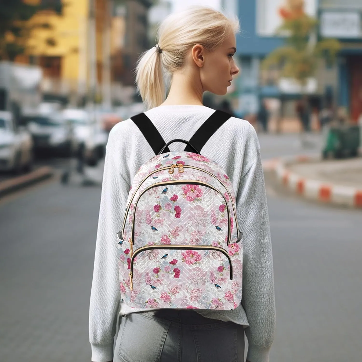 Rose Finch Floral Pale Backpack Purse for Women College Shoulder Bags with Anti-theft Back for College Camping S