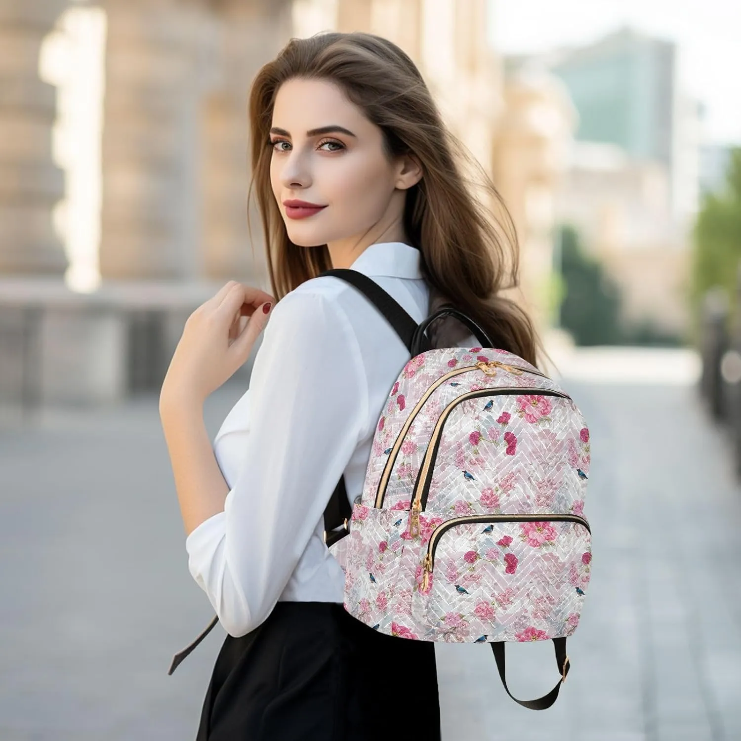 Rose Finch Floral Pale Backpack Purse for Women College Shoulder Bags with Anti-theft Back for College Camping S