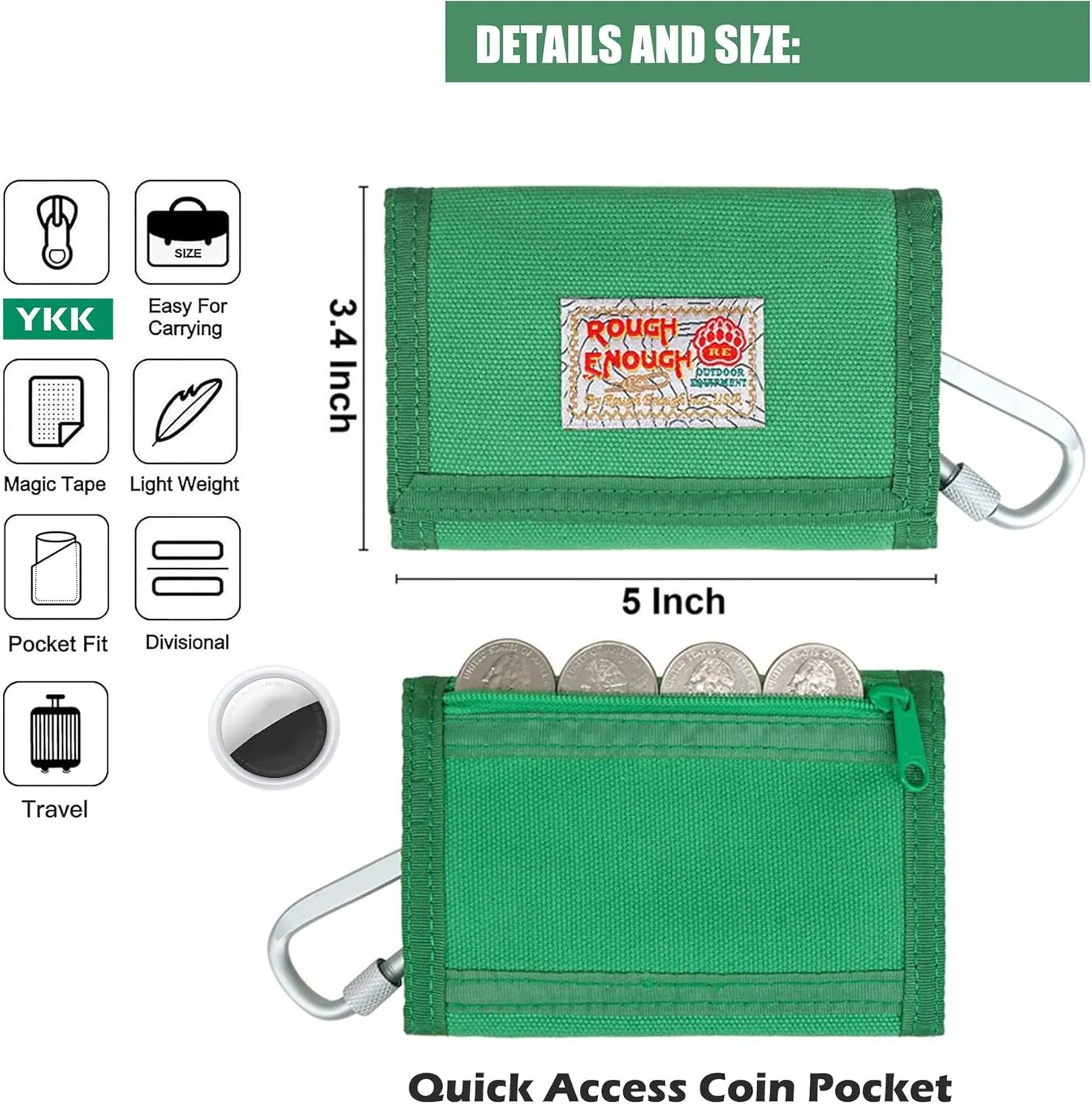 Rough Enough Kids Wallet for Boys Girls Preppy Teen with Neck Lanyard Keychain Canvas Green