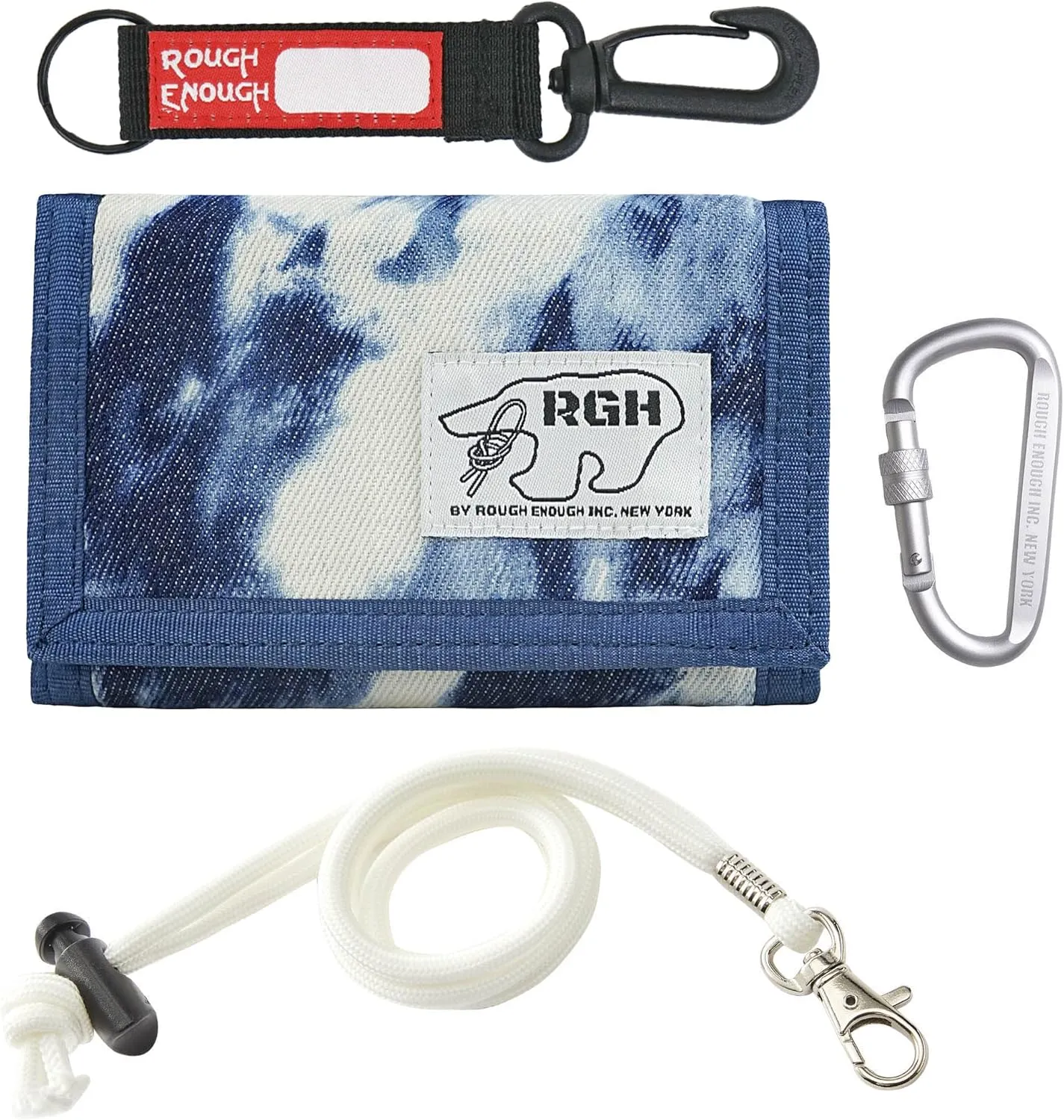 Rough Enough Kids Wallet for Boys Teens with Zipper Coin Pouch Card Holder Neck Lanyard Strap Keychain Canvas Cloudy Blue White