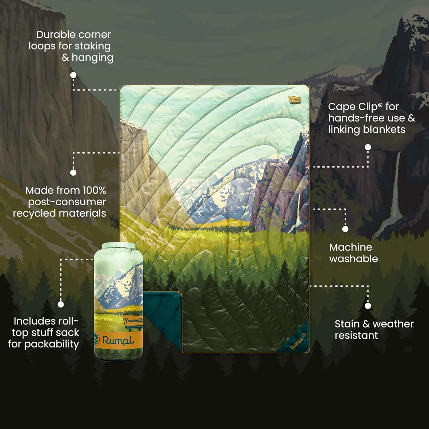 Rumpl Original Puffy Yosemite National Park Blanket for Camping and Outdoors, V2, Yosemite