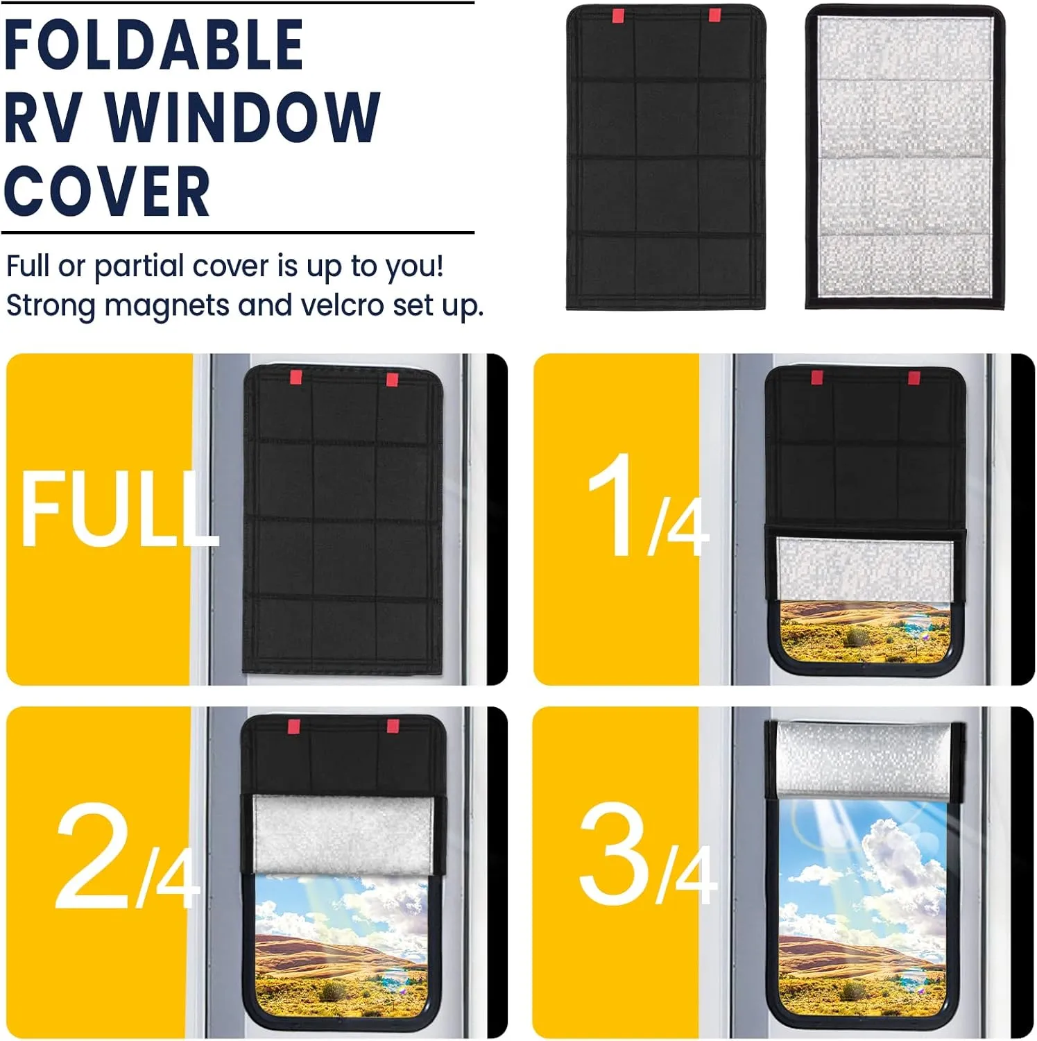 RV Door Window Shade, Foldable Magnet RV Blackout Window Cover, UV Rays Protection Camper Trailer Window Cover, Waterproof Thickened Oxford and Silver Fabric with Storage Bag (Black Silver)