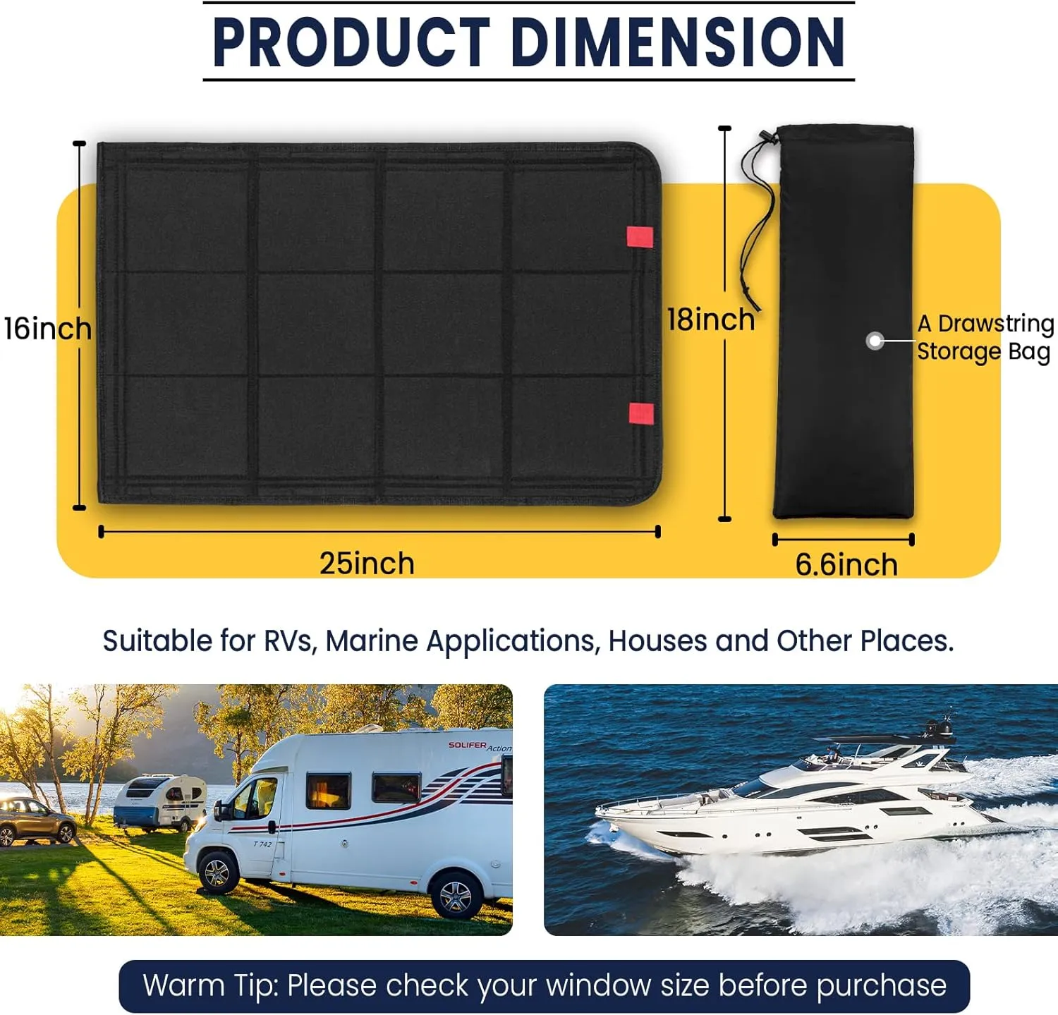 RV Door Window Shade, Foldable Magnet RV Blackout Window Cover, UV Rays Protection Camper Trailer Window Cover, Waterproof Thickened Oxford and Silver Fabric with Storage Bag (Black Silver)