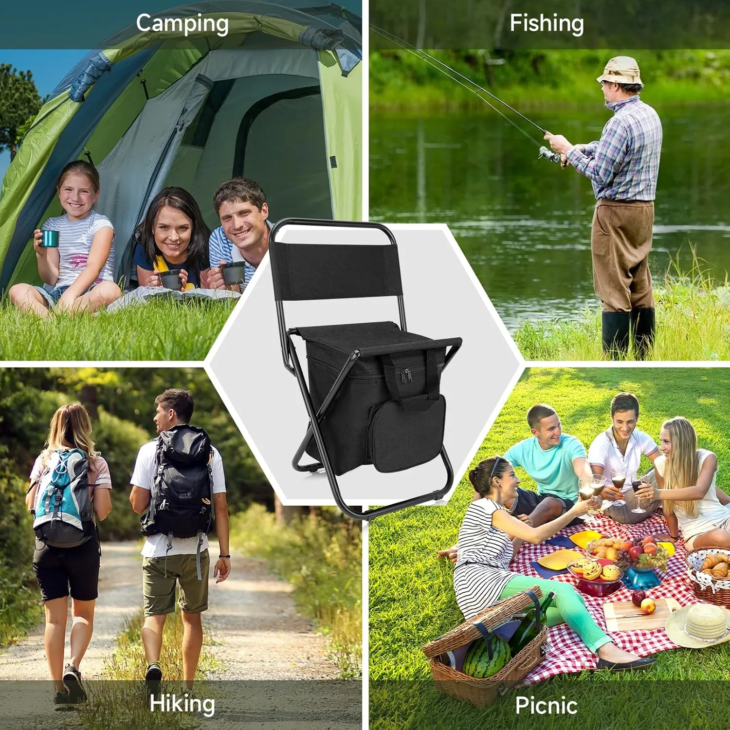 SAN LIKE Fishing Chair with Cooler Bag - Lightweight Foldable Backpack Camping Stool for Outdoor Fishing Hunting Gear - Portable Insulated Cooler Pocket Design（2 Packs Black