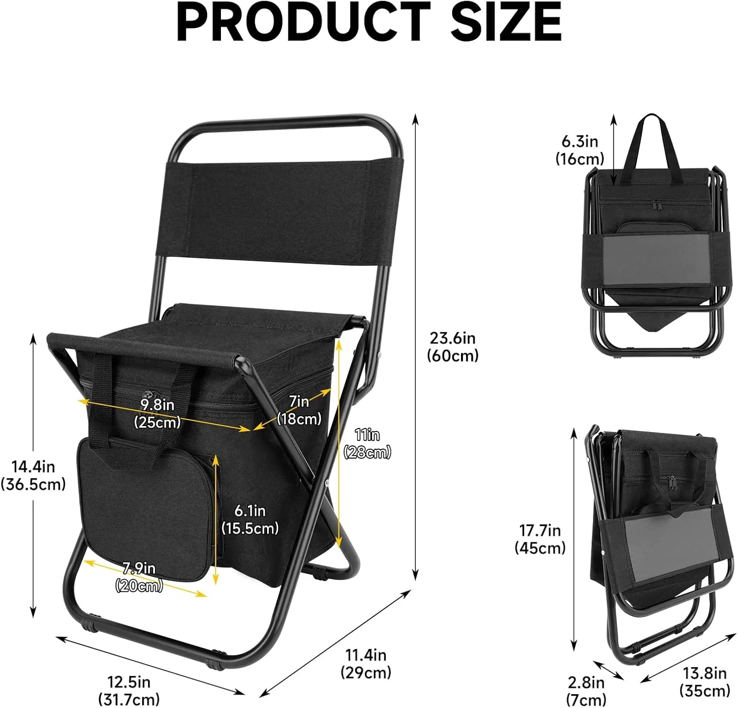 SAN LIKE Fishing Chair with Cooler Bag - Lightweight Foldable Backpack Camping Stool for Outdoor Fishing Hunting Gear - Portable Insulated Cooler Pocket Design（2 Packs Black