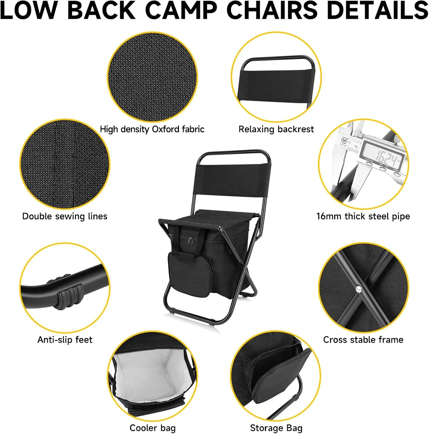 SAN LIKE Fishing Chair with Cooler Bag - Lightweight Foldable Backpack Camping Stool for Outdoor Fishing Hunting Gear - Portable Insulated Cooler Pocket Design（2 Packs Black