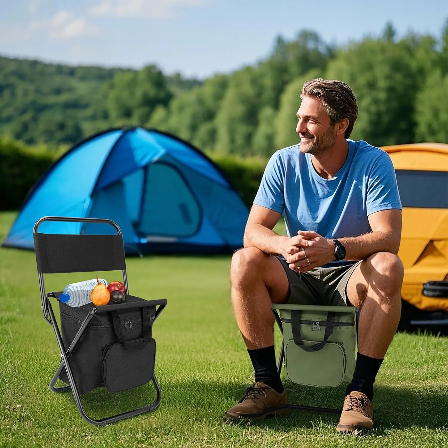 SAN LIKE Fishing Chair with Cooler Bag - Lightweight Foldable Backpack Camping Stool for Outdoor Fishing Hunting Gear - Portable Insulated Cooler Pocket Design（2 Packs Black