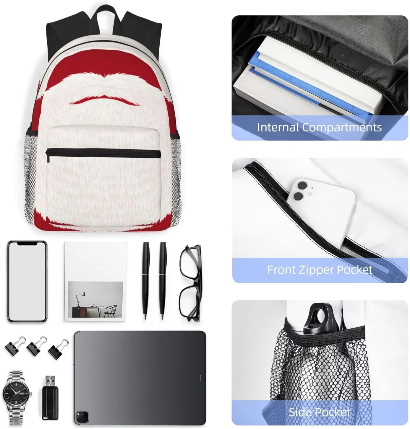 Santa Claus Beard Red Backpack, Travel Laptop Backpack Computer Bag Rucksack for Men Women Business Work Fits 15.6 Inch Notebook