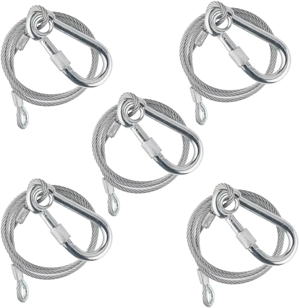 Sarknoah. 0.16″(4mm) Diameter,Longth 24″(60mm) Stage Lighting Stainless Steel Safety Cable With Carabiner Lock Hook. Heavy Duty Fall Protection for Stage Lights, DJ Equipment (1102LB Load),5Packs.