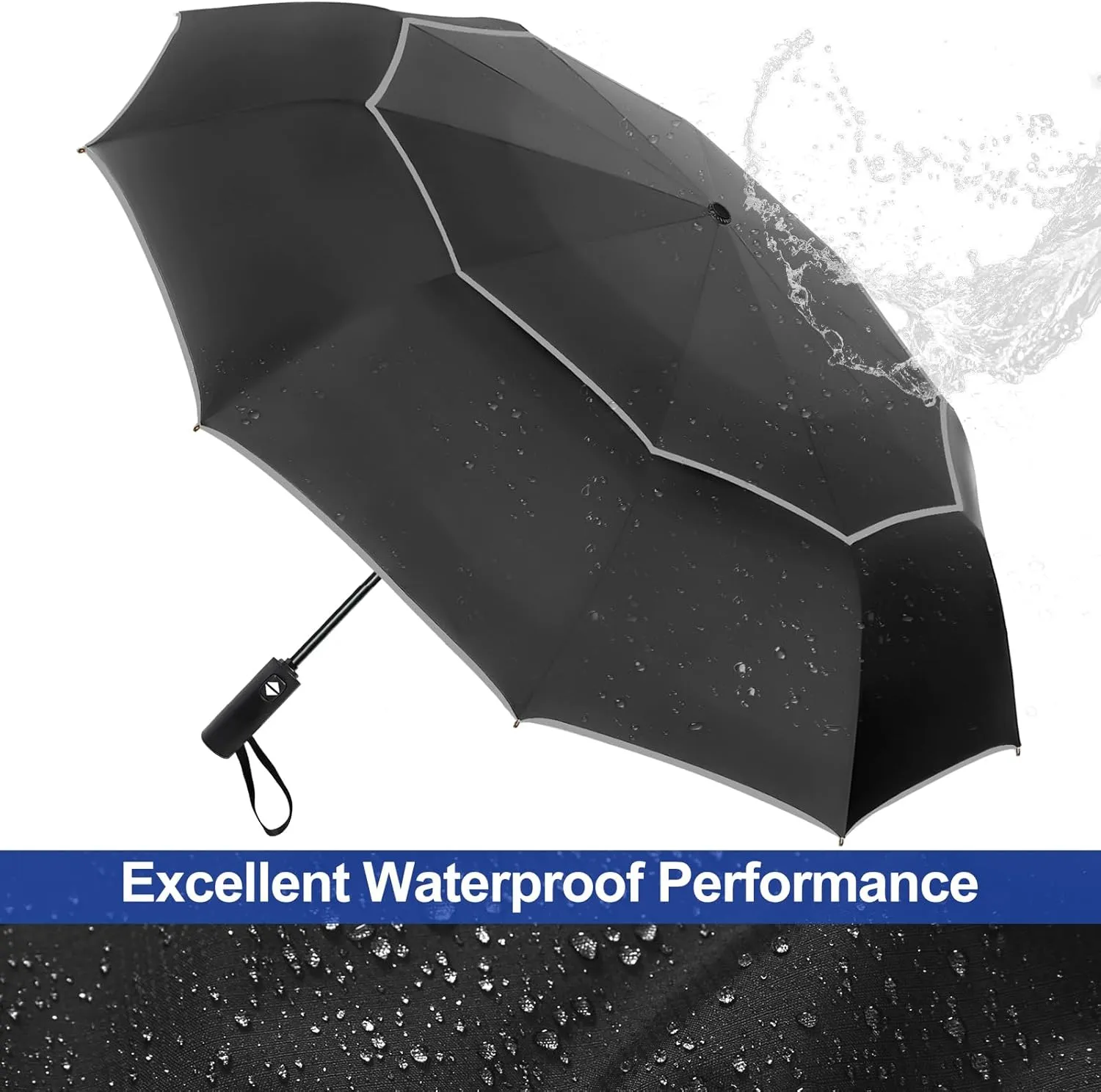 Satol Extra Large Golf Umbrella, 46/54/62 Inch Windproof 10 Ribs Vented Double Canopy Reflective Strips Automatic Open/Close Waterproof UV Protection Portable Compact Umbrella for Outdoor & Travel