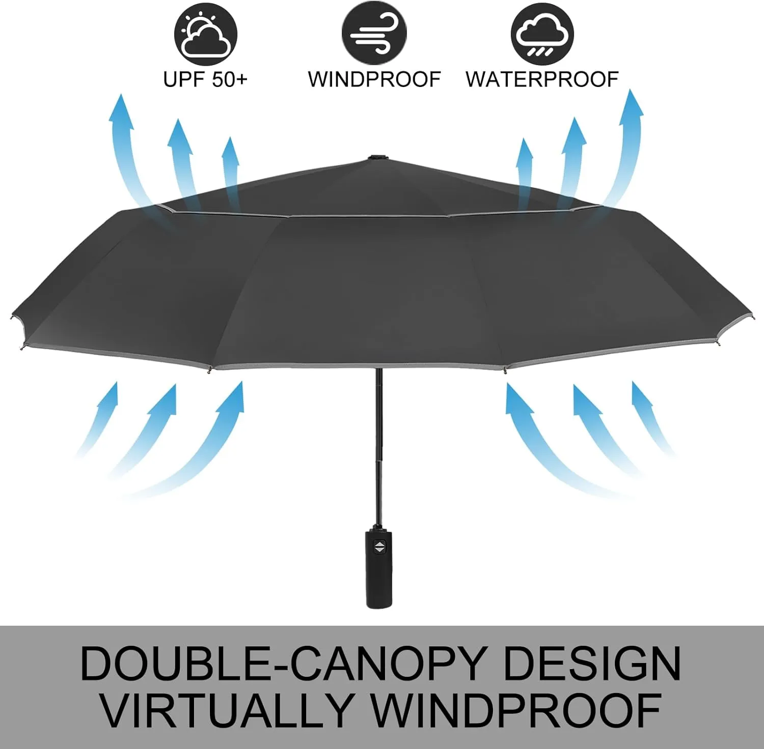 Satol Extra Large Golf Umbrella, 46/54/62 Inch Windproof 10 Ribs Vented Double Canopy Reflective Strips Automatic Open/Close Waterproof UV Protection Portable Compact Umbrella for Outdoor & Travel