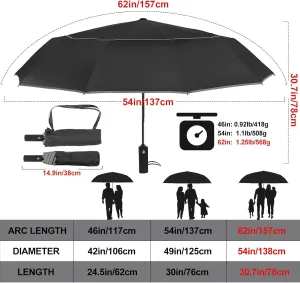 Satol Extra Large Golf Umbrella, 46/54/62 Inch Windproof 10 Ribs Vented Double Canopy Reflective Strips Automatic Open/Close Waterproof UV Protection Portable Compact Umbrella for Outdoor & Travel