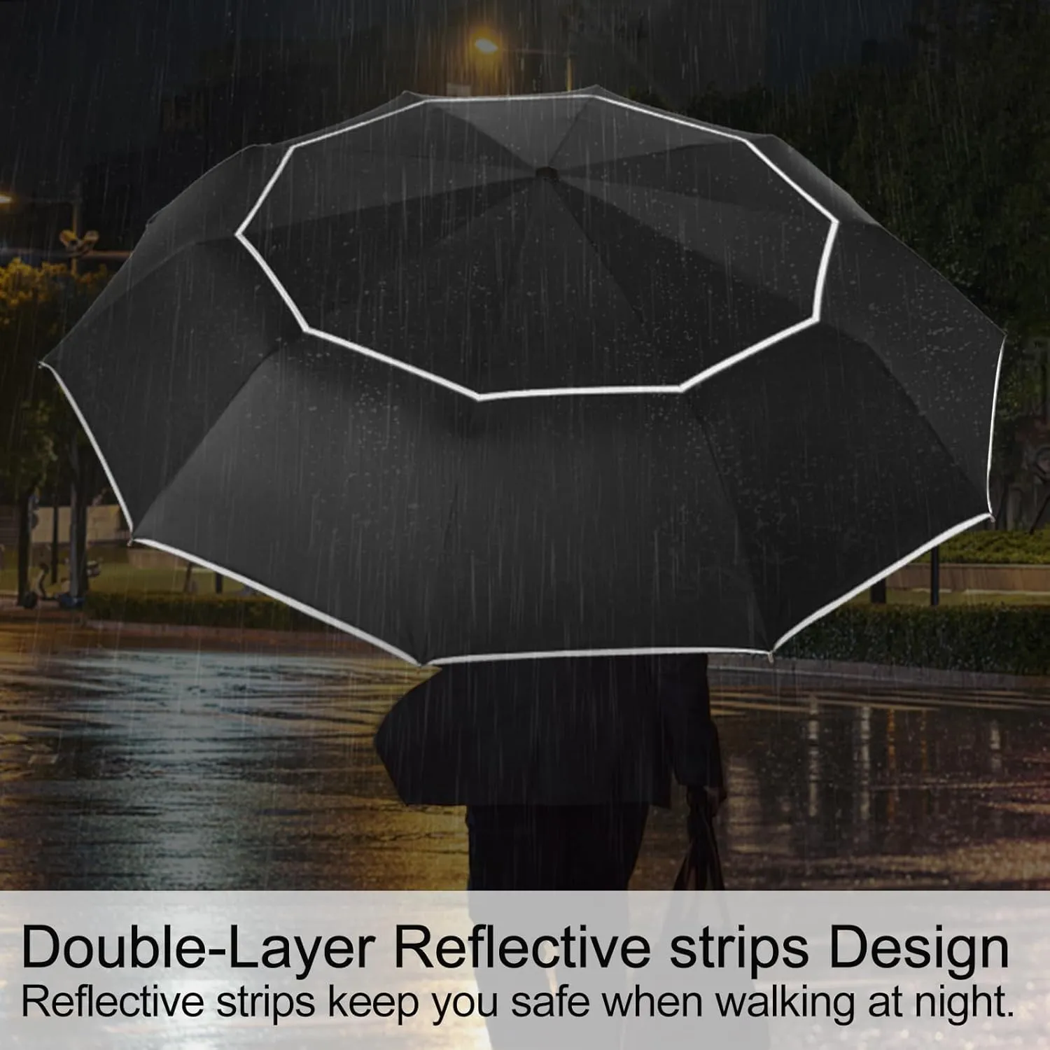 Satol Extra Large Golf Umbrella, 46/54/62 Inch Windproof 10 Ribs Vented Double Canopy Reflective Strips Automatic Open/Close Waterproof UV Protection Portable Compact Umbrella for Outdoor & Travel