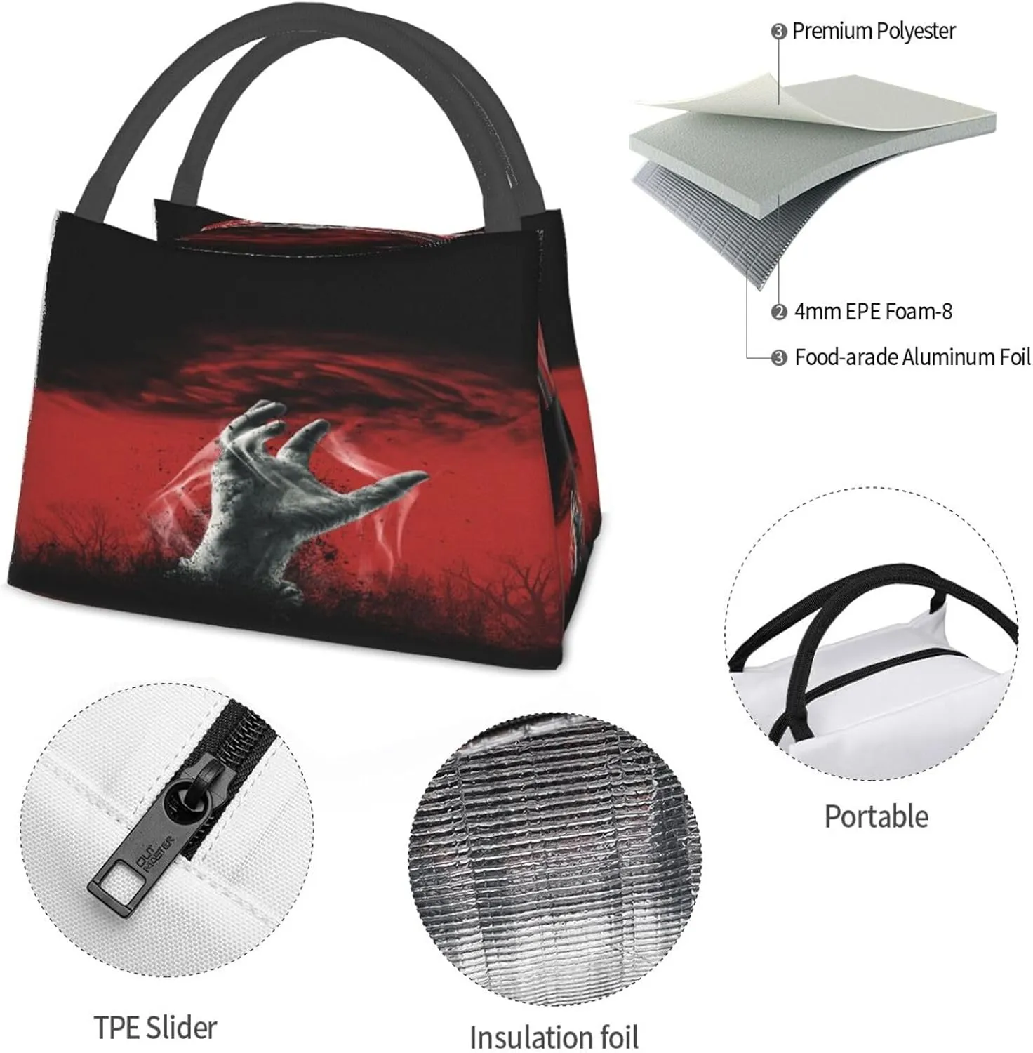 Scary Zombie Hand Coming Out Ground Insulated Lunch Bag Large Meal Box Container Portable Foldable Tote Bag Reusable Cooler Sack Leakproof Handbag for Picnic Beach Office Work