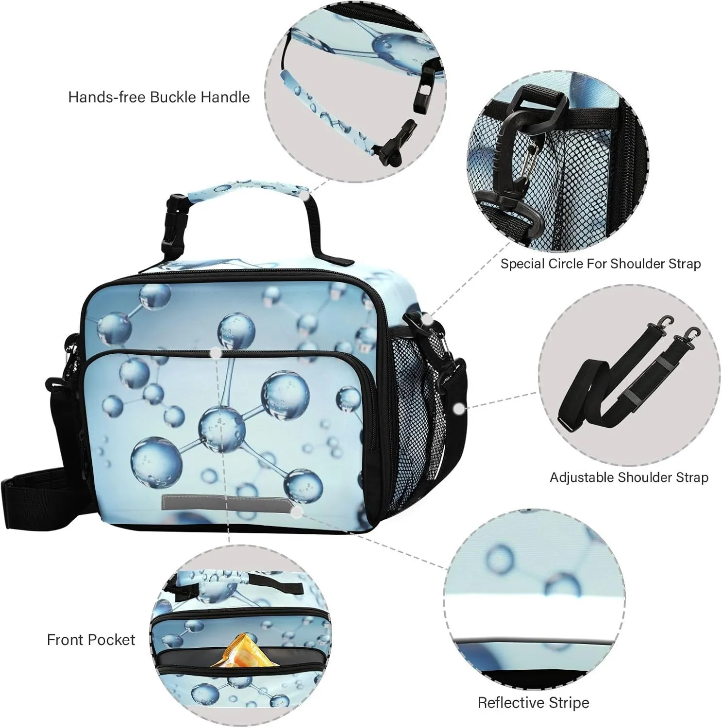 Science Molecule Lunch Bag for Women Men 3d Atom Structure Insulated Cooler Tote Bag with Adjustable Shoulder Strap Large Capacity Reusable Leakproof Picnic Lunch Box Outdoor for Adult Office