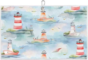 Seascape Watercolor Lighthouse Golf Towel with Heavy Duty Carabiner Ultra Absorbent Quick Dry Perfect for Cleaning Clubs Balls Gear Essential Golf Accessory for Men Women Kids