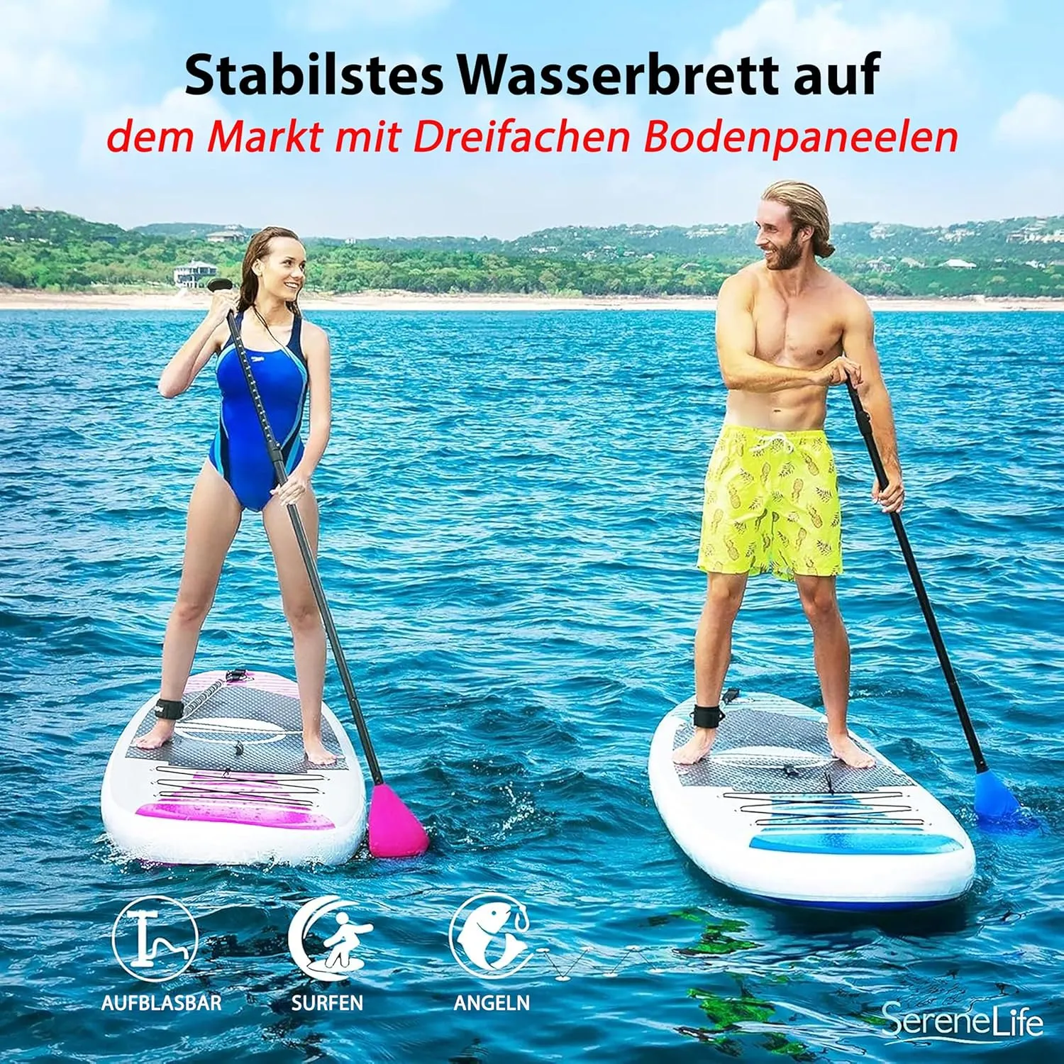 SereneLife Inflatable Stand Up Paddle Board with Premium SUP Accessories – Wide Stable Design with Non-Slip EVA Deck Pad for Adults and Youth of All Skill Levels, 350 lbs Capacity