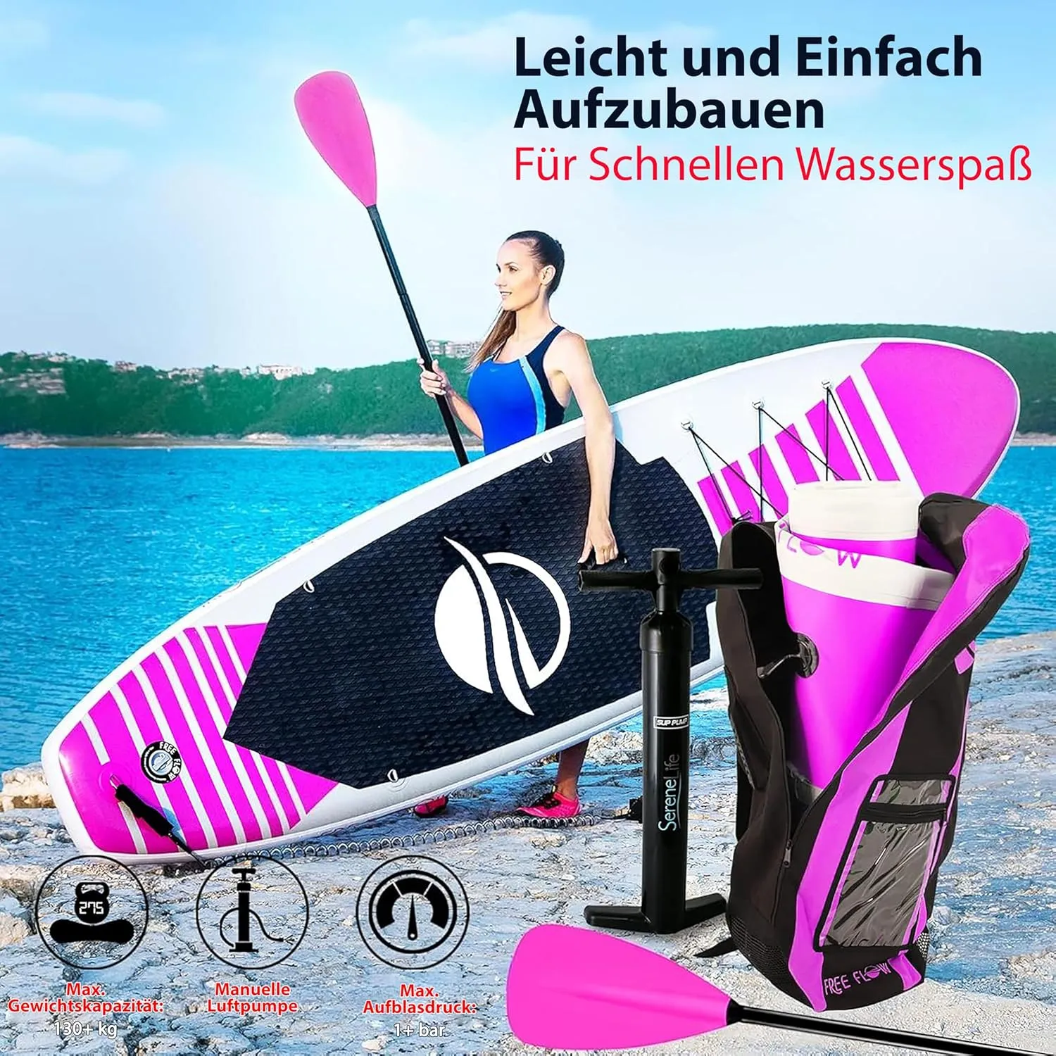 SereneLife Inflatable Stand Up Paddle Board with Premium SUP Accessories – Wide Stable Design with Non-Slip EVA Deck Pad for Adults and Youth of All Skill Levels, 350 lbs Capacity