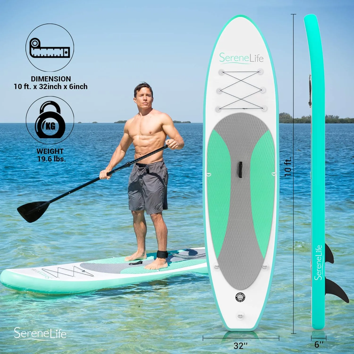 SereneLife Inflatable Stand Up Paddle Board with Premium SUP Accessories – Wide Stable Design with Non-Slip EVA Deck Pad for Adults and Youth of All Skill Levels, 350 lbs Capacity