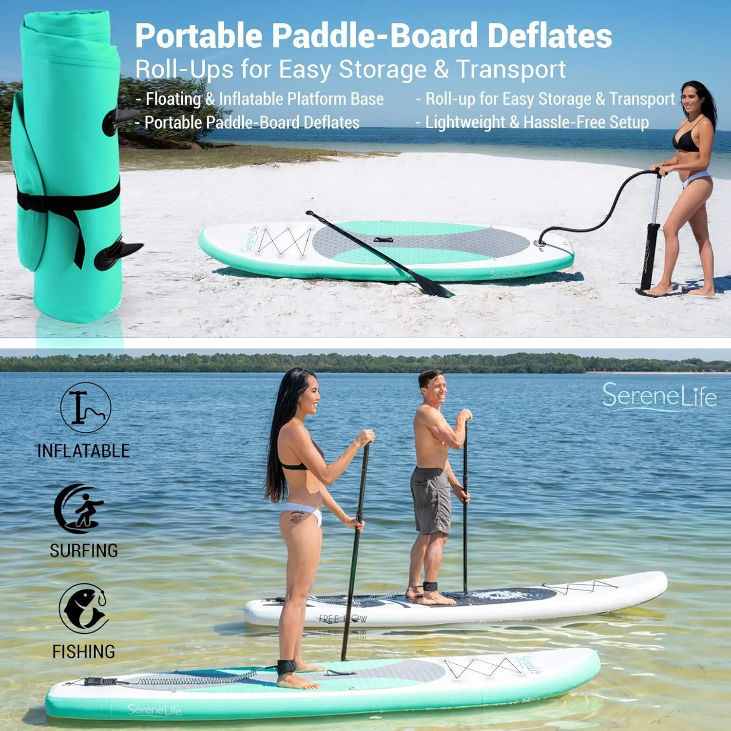 SereneLife Inflatable Stand Up Paddle Board with Premium SUP Accessories – Wide Stable Design with Non-Slip EVA Deck Pad for Adults and Youth of All Skill Levels, 350 lbs Capacity