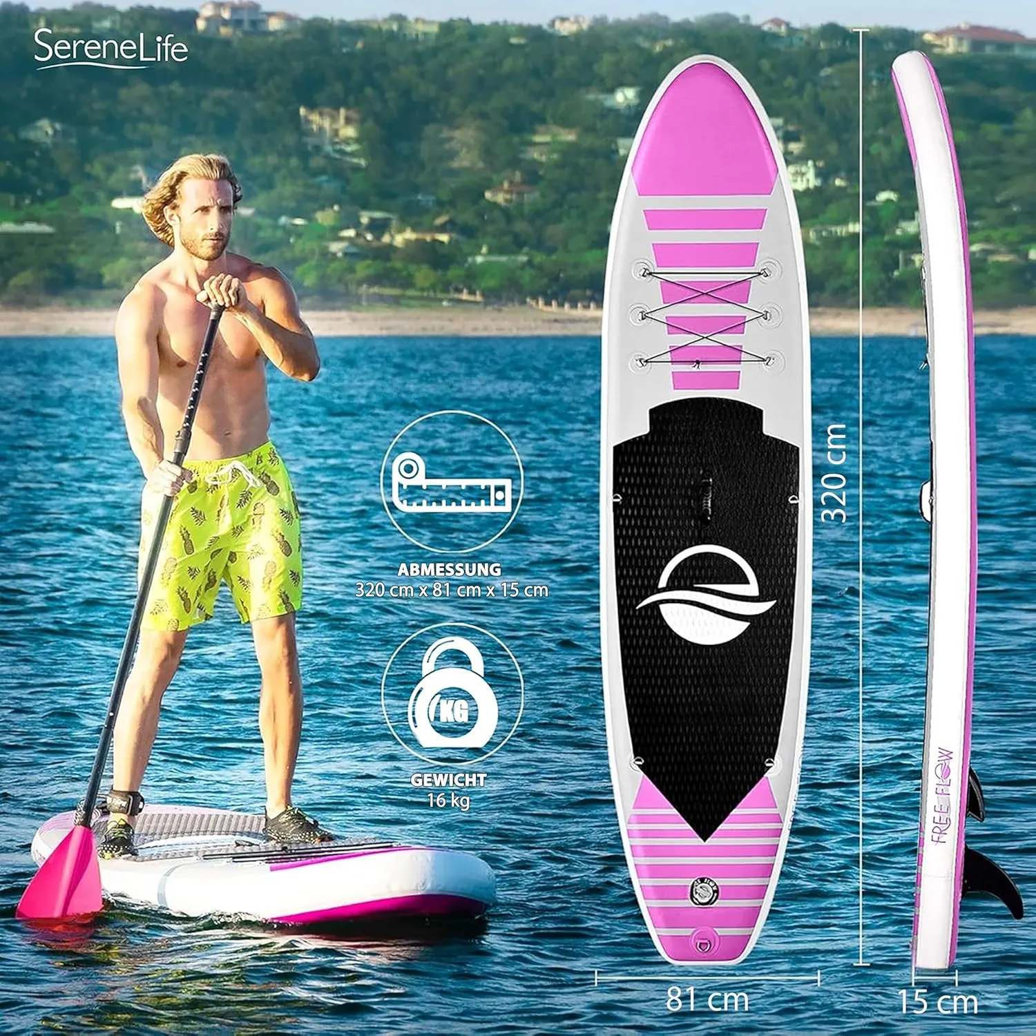 SereneLife Inflatable Stand Up Paddle Board with Premium SUP Accessories – Wide Stable Design with Non-Slip EVA Deck Pad for Adults and Youth of All Skill Levels, 350 lbs Capacity
