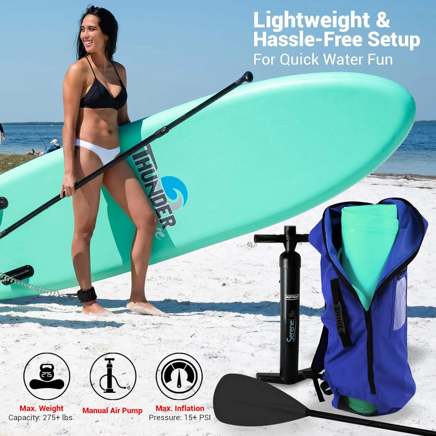 SereneLife Inflatable Stand Up Paddle Board with Premium SUP Accessories – Wide Stable Design with Non-Slip EVA Deck Pad for Adults and Youth of All Skill Levels, 350 lbs Capacity