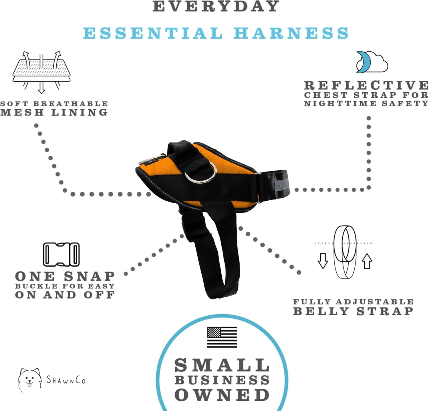 ShawnCo Essential Dog Harness, No-Pull Pet Vest with 3 Leash Clips, No Choke, Reflective, Adjustable and Padded, for Easy Walking and Training for Small, Medium and Large Dogs (Sunset Orange, S)