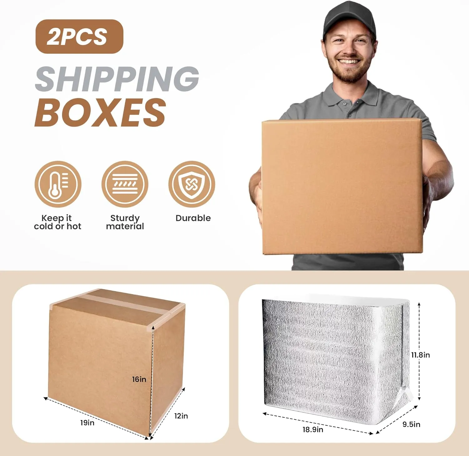 Simple Deluxe 2 Pack Insulated Shipping Boxes with Aluminum Foil Liner,Thermal Insulation Cold Pack Shipping Boxes for Frozen, Reusable Styrofoam Cooler Box, Small Mailing Box, 19''x12''x16''