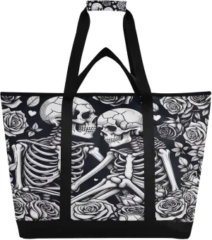 Skeletons Roses Black Reusable Insulated Lunchbox Cooler Bag, Leakproof Kitchen Grocery Bag Collapsible Portable Cooler Tote Bag for Picnic, Camping, Office, Travel