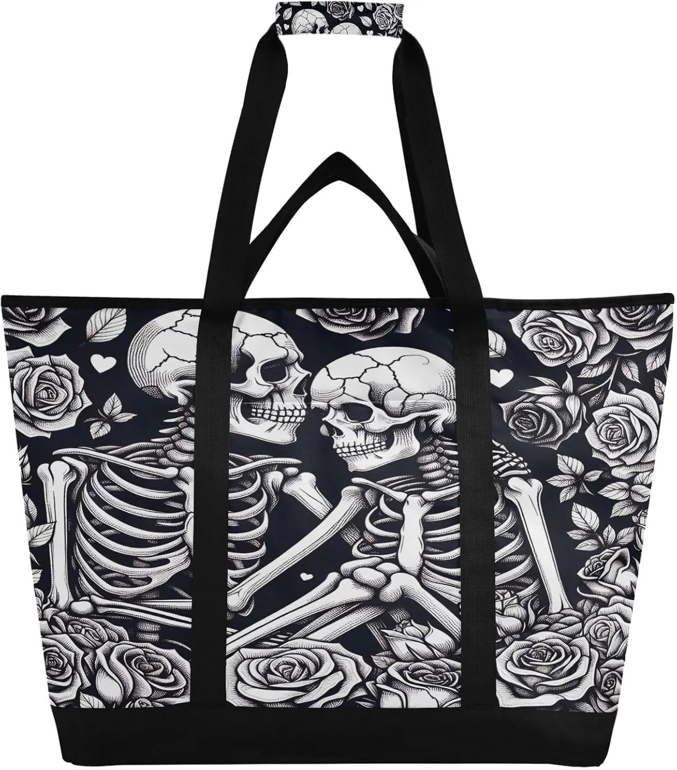 Skeletons Roses Black Reusable Insulated Lunchbox Cooler Bag, Leakproof Kitchen Grocery Bag Collapsible Portable Cooler Tote Bag for Picnic, Camping, Office, Travel
