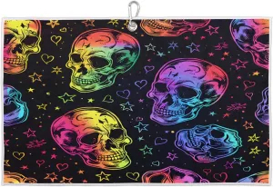 Skull Stars Painted Golf Towel with Heavy Duty Carabiner Clip Quick Dry Ultra Absorbent Club Ball Cleaning Towel Golf Accessories for Men Women
