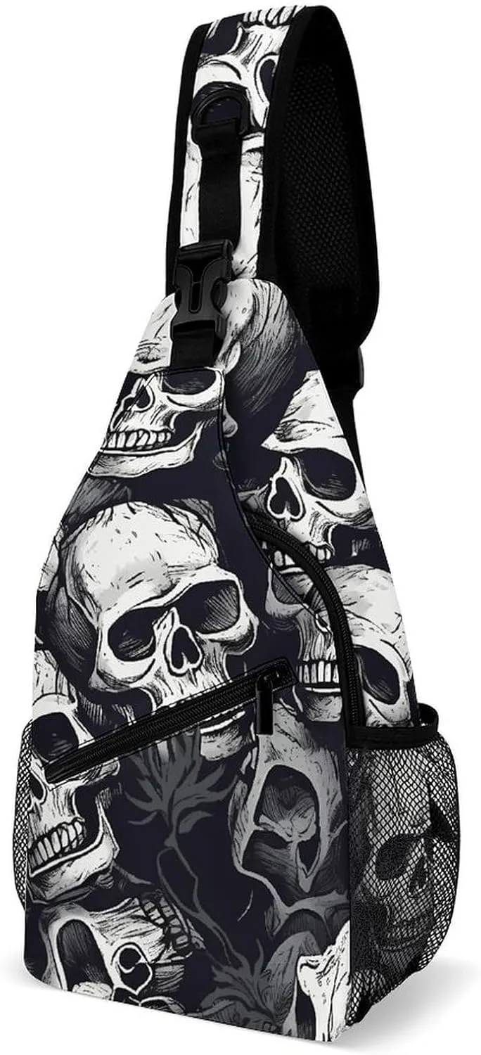 Skulls Pattern Sling Bag with Rfid Blocking Causal Mens Crossbody Bag Lightweight Chest Pack Large Man Purse Travel Crossbody Backpack Shoulder Sling Backpack for Hiking Running Cycling