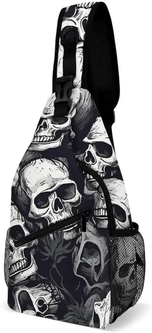 Skulls Pattern Sling Bag with Rfid Blocking Causal Mens Crossbody Bag Lightweight Chest Pack Large Man Purse Travel Crossbody Backpack Shoulder Sling Backpack for Hiking Running Cycling