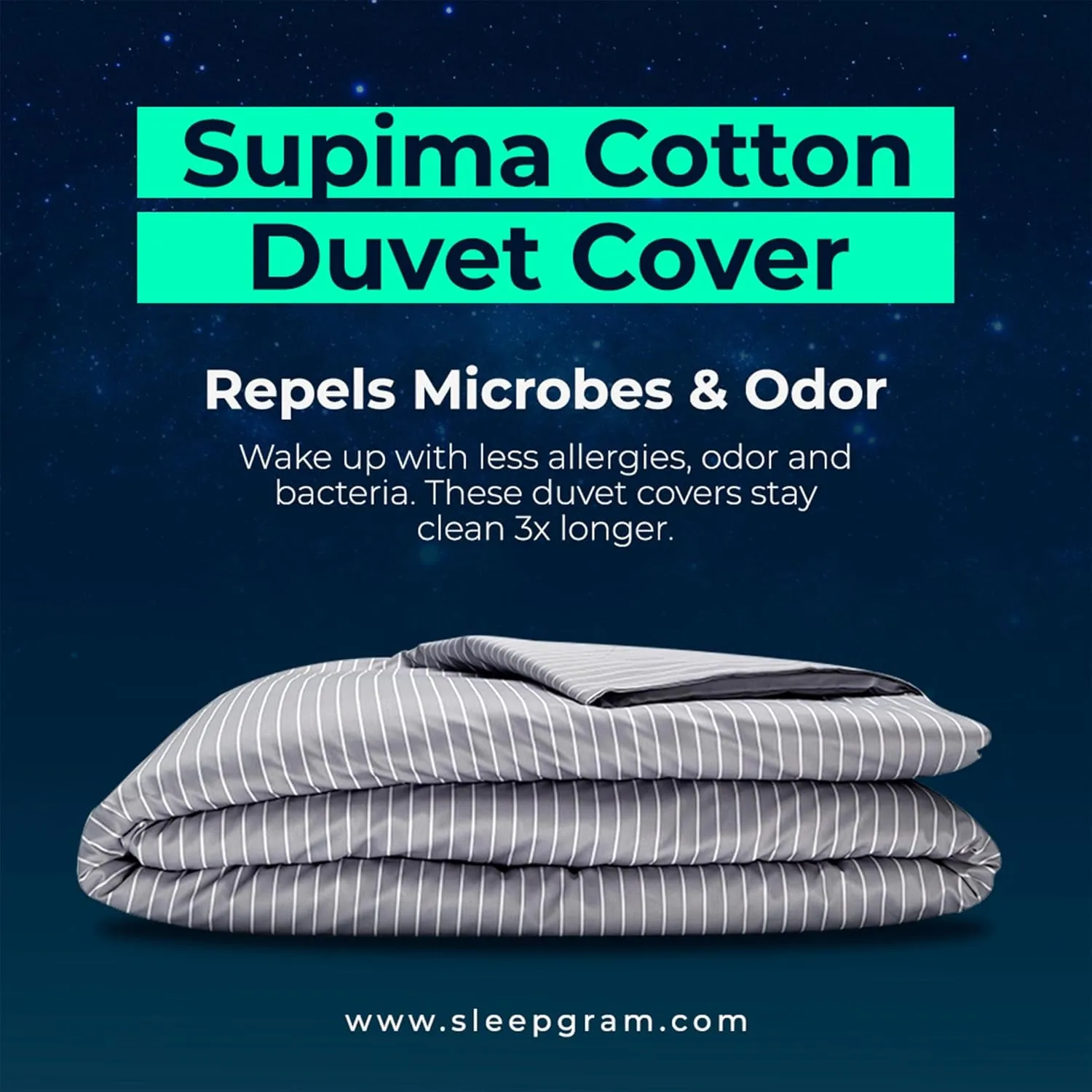 Sleepgram Supima Machine Washable 400 Thread Count Cotton Silver Ion Infused Luxury Zippered Duvet Cover with Travel Bag, Twin, Grey Stripe