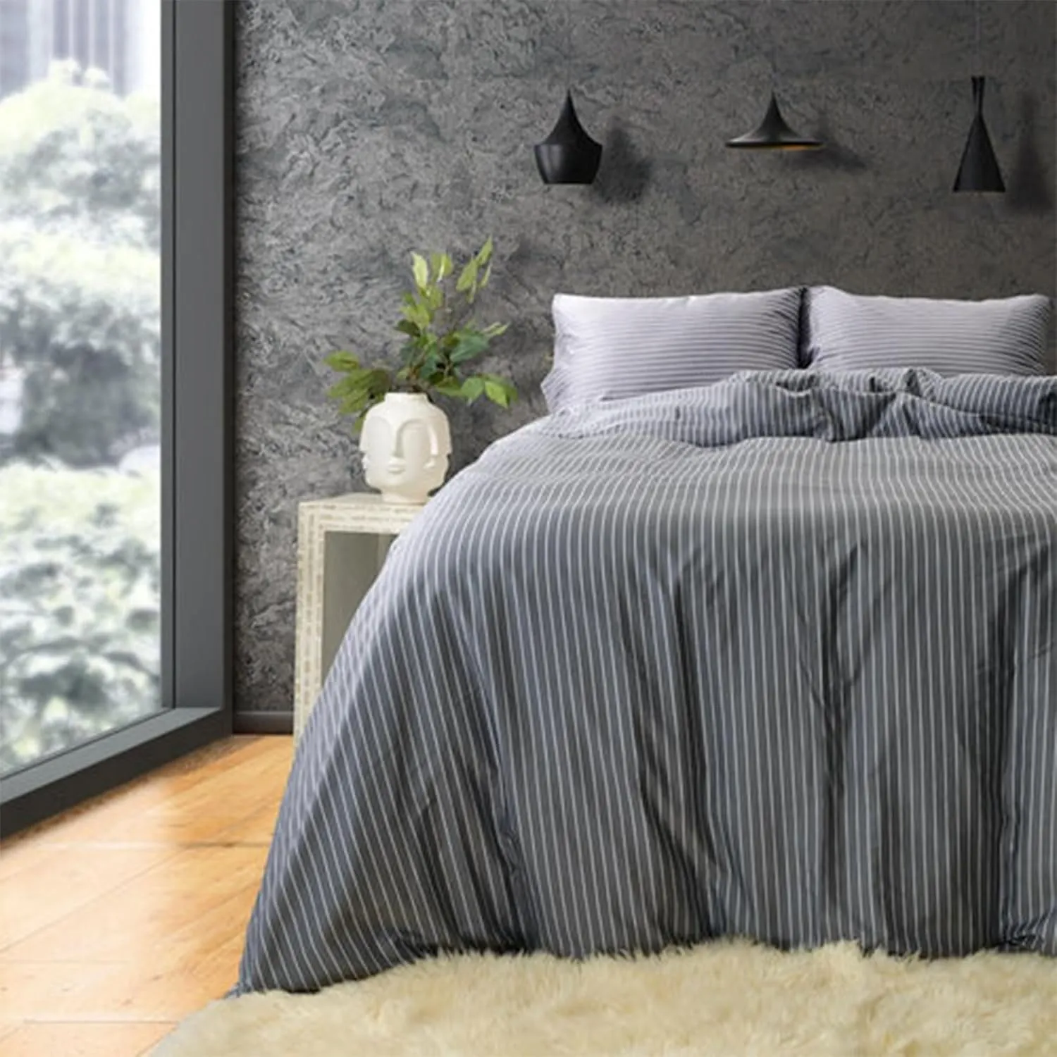 Sleepgram Supima Machine Washable 400 Thread Count Cotton Silver Ion Infused Luxury Zippered Duvet Cover with Travel Bag, Twin, Grey Stripe