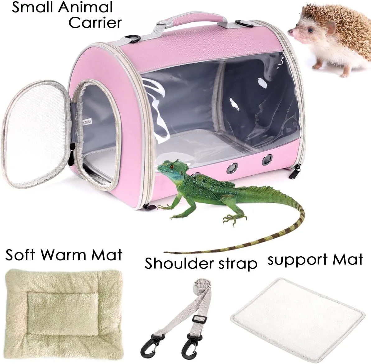 Small Animal Travel Backpack Carrier,Portable Bearded Dragon Bag for Sugar Glider,Hedgehog,Rat,Bunny,Rat,Outdoor Used (Pink, Carrier L  I Leash)