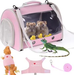 Small Animal Travel Backpack Carrier,Portable Bearded Dragon Bag for Sugar Glider,Hedgehog,Rat,Bunny,Rat,Outdoor Used (Pink, Carrier L  I Leash)