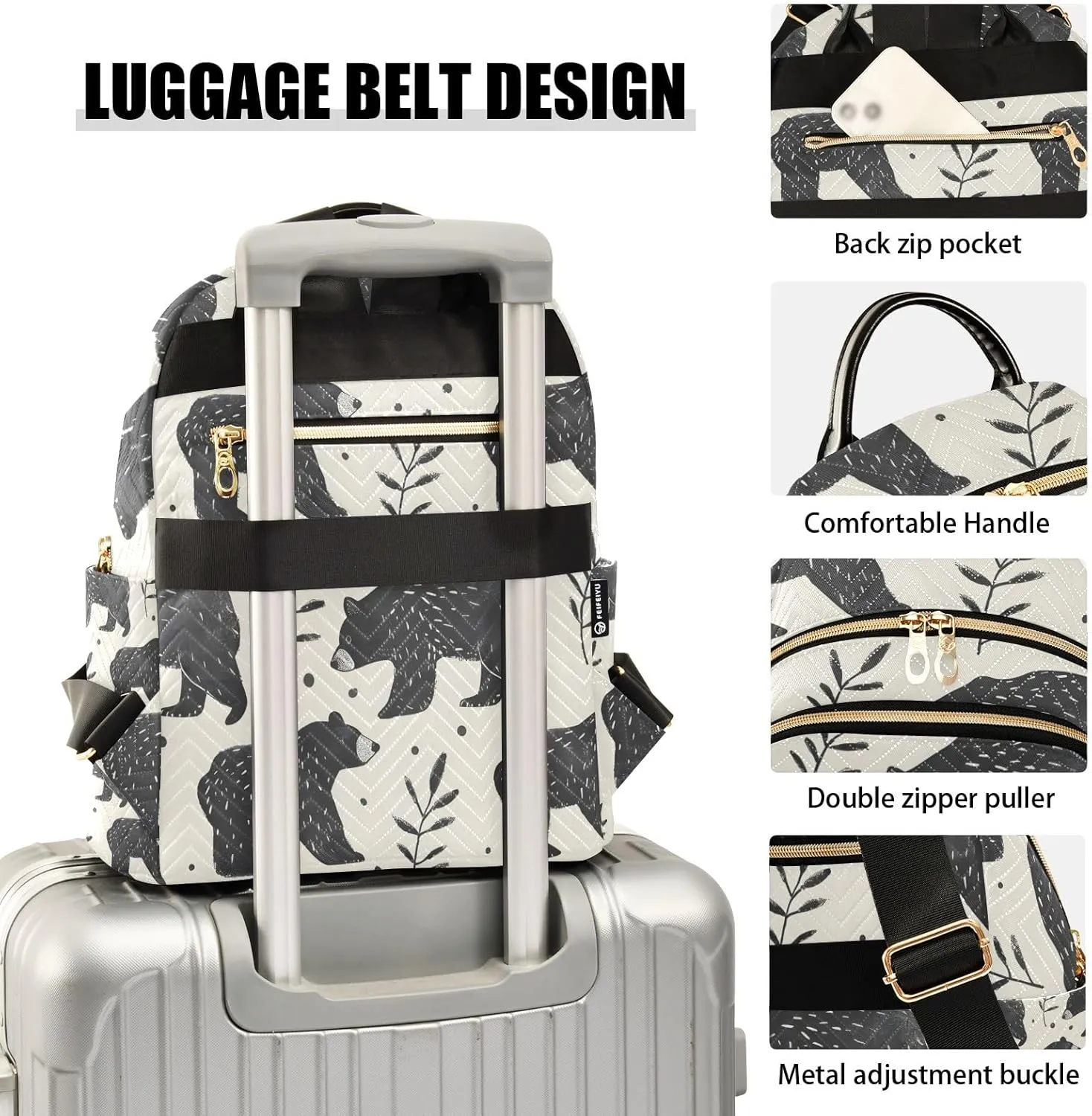Small Backpack Purse for Women, Black Bear Leaf Travel Bag Casual Daypack Shoulder Bag