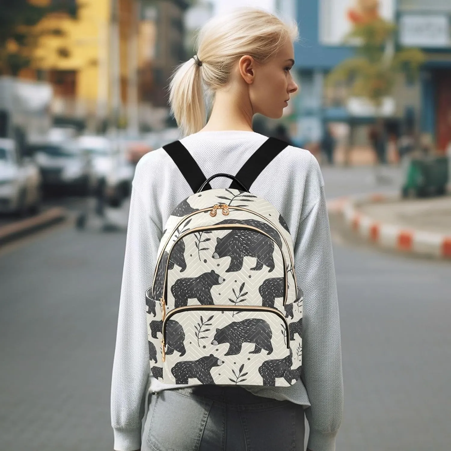 Small Backpack Purse for Women, Black Bear Leaf Travel Bag Casual Daypack Shoulder Bag