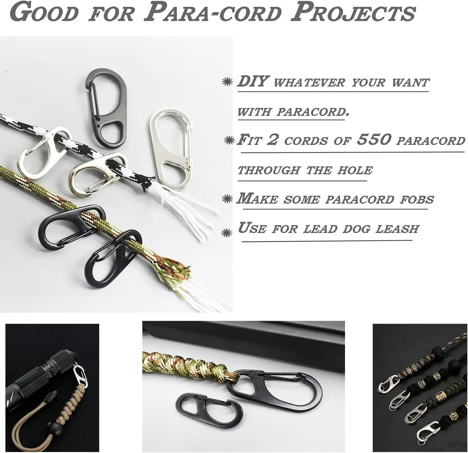 Small Carabiner Clips 1.25 inch/1.85 inch Snap Hooks with Fixed Eye Spring Gate Keychain Parocord Rope Clasps Accessories