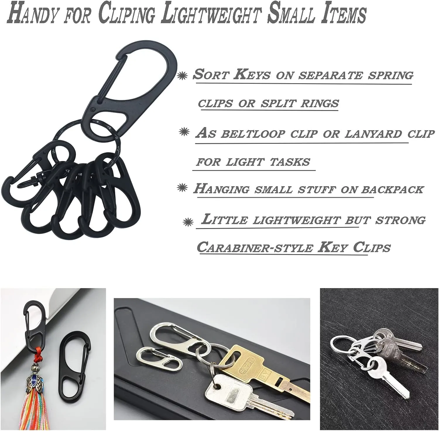 Small Carabiner Clips 1.25 inch/1.85 inch Snap Hooks with Fixed Eye Spring Gate Keychain Parocord Rope Clasps Accessories