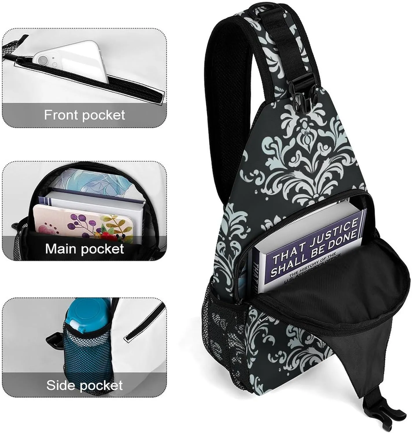 Small Crossbody Sling Backpack Damask Pattern Chest Bags for Traveling Chest Fashion Shoulder Bag